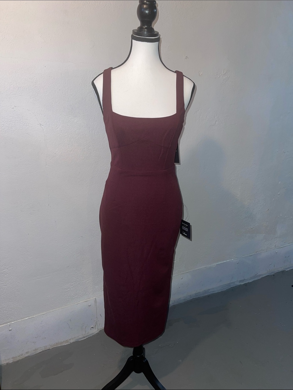 Lulus Burgundy Square Neck Bodycon Midi Dress.